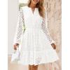 imageZESICA Womens 2025 Long Sleeve Mini Dress Spring V Neck Hollow Out Eyelet Embroidery Ruffle A Line Swing Short DressesWhite