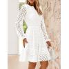 imageZESICA Womens 2025 Long Sleeve Mini Dress Spring V Neck Hollow Out Eyelet Embroidery Ruffle A Line Swing Short DressesWhite