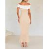 imageZESICA Womens 2025 Summer Off The Shoulder Knit Maxi Dresses Sleeveless Color Block Formal Party Bodycon DressApricot