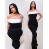 imageZESICA Womens 2025 Summer Off The Shoulder Knit Maxi Dresses Sleeveless Color Block Formal Party Bodycon DressBlack