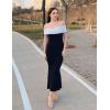 imageZESICA Womens 2025 Summer Off The Shoulder Knit Maxi Dresses Sleeveless Color Block Formal Party Bodycon DressBlack
