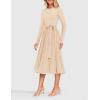 imageZESICA Womens Fall Long Sleeve Midi Dress Casual Crewneck Knit Belted Pleated A Line Flowy Party DressesApricot