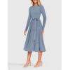 imageZESICA Womens Fall Long Sleeve Midi Dress Casual Crewneck Knit Belted Pleated A Line Flowy Party DressesDusty Blue