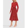 imageZESICA Womens Fall Long Sleeve Midi Dress Casual Crewneck Knit Belted Pleated A Line Flowy Party DressesRed