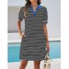 imageZESICA Womens Summer Casual Striped Mini Dresses 2025 Lapel V Neck Short Sleeve Flowy A Line T Shirt DressBlack