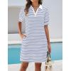 imageZESICA Womens Summer Casual Striped Mini Dresses 2025 Lapel V Neck Short Sleeve Flowy A Line T Shirt DressBlue