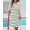 imageZESICA Womens Summer Casual Striped Mini Dresses 2025 Lapel V Neck Short Sleeve Flowy A Line T Shirt DressGreen