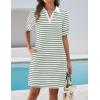 imageZESICA Womens Summer Casual Striped Mini Dresses 2025 Lapel V Neck Short Sleeve Flowy A Line T Shirt DressGreen