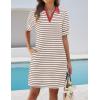 imageZESICA Womens Summer Casual Striped Mini Dresses 2025 Lapel V Neck Short Sleeve Flowy A Line T Shirt DressKhaki