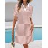 imageZESICA Womens Summer Casual Striped Mini Dresses 2025 Lapel V Neck Short Sleeve Flowy A Line T Shirt DressPink