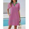 imageZESICA Womens Summer Casual Striped Mini Dresses 2025 Lapel V Neck Short Sleeve Flowy A Line T Shirt DressRose