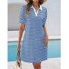 imageZESICA Womens Summer Casual Striped Mini Dresses 2025 Lapel V Neck Short Sleeve Flowy A Line T Shirt DressSkyblue