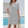 imageZESICA Womens Summer Casual Striped Mini Dresses 2025 Lapel V Neck Short Sleeve Flowy A Line T Shirt DressWhite
