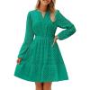 imageZESICA Womens 2025 Long Sleeve Mini Dress Spring V Neck Hollow Out Eyelet Embroidery Ruffle A Line Swing Short DressesGreen