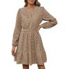 imageZESICA Womens 2025 Long Sleeve Mini Dress Spring V Neck Hollow Out Eyelet Embroidery Ruffle A Line Swing Short DressesKhaki