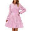 imageZESICA Womens 2025 Long Sleeve Mini Dress Spring V Neck Hollow Out Eyelet Embroidery Ruffle A Line Swing Short DressesPink