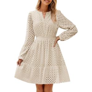 imageZESICA Womens 2025 Long Sleeve Mini Dress Spring V Neck Hollow Out Eyelet Embroidery Ruffle A Line Swing Short DressesApricot