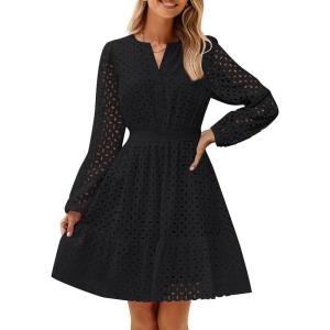 imageZESICA Womens 2025 Long Sleeve Mini Dress Spring V Neck Hollow Out Eyelet Embroidery Ruffle A Line Swing Short DressesBlack