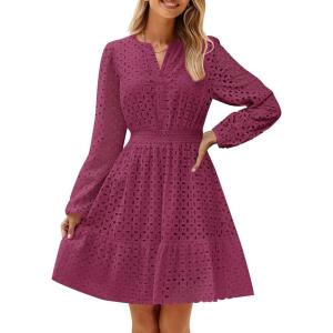 imageZESICA Womens 2025 Long Sleeve Mini Dress Spring V Neck Hollow Out Eyelet Embroidery Ruffle A Line Swing Short DressesFuchsia