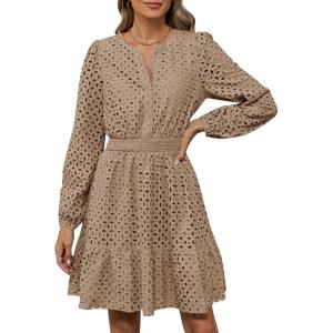 imageZESICA Womens 2025 Long Sleeve Mini Dress Spring V Neck Hollow Out Eyelet Embroidery Ruffle A Line Swing Short DressesKhaki