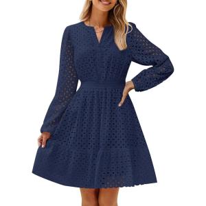 imageZESICA Womens 2025 Long Sleeve Mini Dress Spring V Neck Hollow Out Eyelet Embroidery Ruffle A Line Swing Short DressesNavy