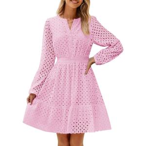 imageZESICA Womens 2025 Long Sleeve Mini Dress Spring V Neck Hollow Out Eyelet Embroidery Ruffle A Line Swing Short DressesPink