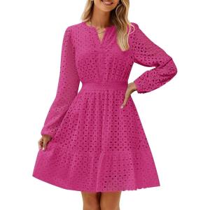 imageZESICA Womens 2025 Long Sleeve Mini Dress Spring V Neck Hollow Out Eyelet Embroidery Ruffle A Line Swing Short DressesRose