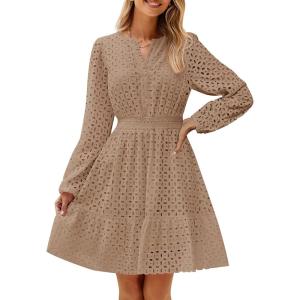 imageZESICA Womens 2025 Long Sleeve Mini Dress Spring V Neck Hollow Out Eyelet Embroidery Ruffle A Line Swing Short DressesTan