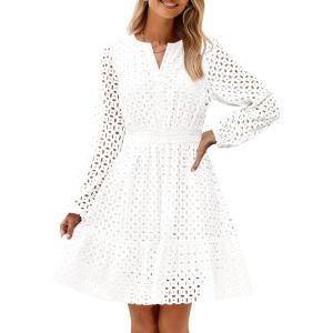 imageZESICA Womens 2025 Long Sleeve Mini Dress Spring V Neck Hollow Out Eyelet Embroidery Ruffle A Line Swing Short DressesWhite