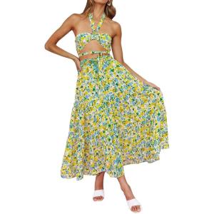 imageZESICA Womens 2025 Summer Bohemian Floral Printed Elastic Waist A Line Maxi Skirt with PocketsChartreuse