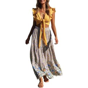 imageZESICA Womens 2025 Summer Bohemian Floral Printed Elastic Waist A Line Maxi Skirt with PocketsCream