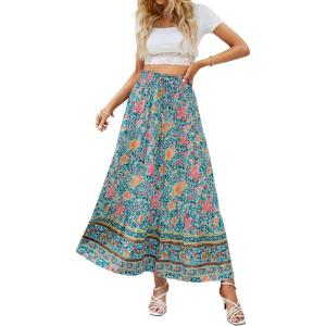 imageZESICA Womens 2025 Summer Bohemian Floral Printed Elastic Waist A Line Maxi Skirt with PocketsFloral Green