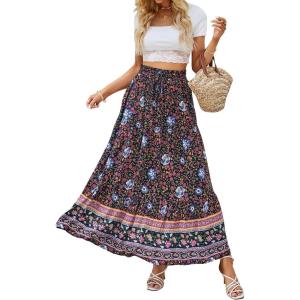 imageZESICA Womens 2025 Summer Bohemian Floral Printed Elastic Waist A Line Maxi Skirt with PocketsFloral Navy