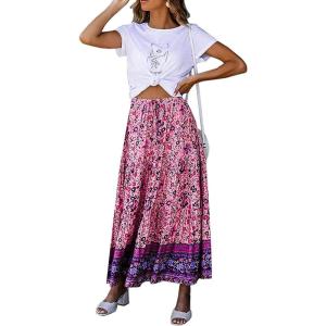 imageZESICA Womens 2025 Summer Bohemian Floral Printed Elastic Waist A Line Maxi Skirt with PocketsFloral Purple