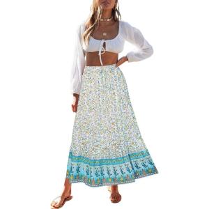 imageZESICA Womens 2025 Summer Bohemian Floral Printed Elastic Waist A Line Maxi Skirt with PocketsLake Blue