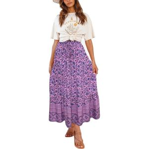 imageZESICA Womens 2025 Summer Bohemian Floral Printed Elastic Waist A Line Maxi Skirt with PocketsLightpurple