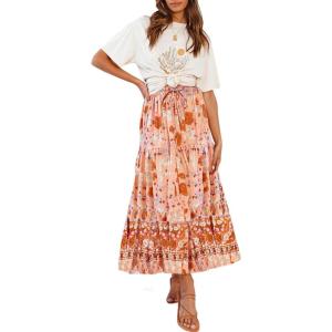 imageZESICA Womens 2025 Summer Bohemian Floral Printed Elastic Waist A Line Maxi Skirt with PocketsPeach
