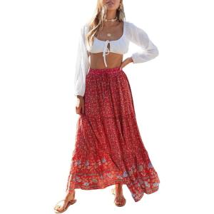 imageZESICA Womens 2025 Summer Bohemian Floral Printed Elastic Waist A Line Maxi Skirt with PocketsRed2