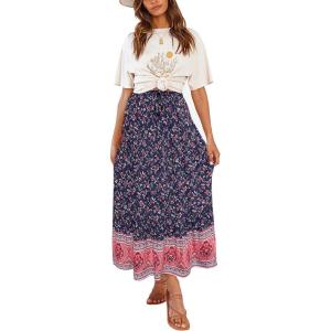 imageZESICA Womens 2025 Summer Bohemian Floral Printed Elastic Waist A Line Maxi Skirt with PocketsRoyalblue