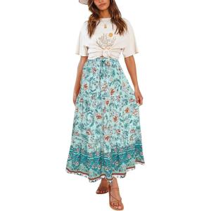 imageZESICA Womens 2025 Summer Bohemian Floral Printed Elastic Waist A Line Maxi Skirt with PocketsTurquoise