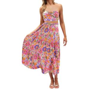 imageZESICA Womens 2025 Summer Bohemian Floral Printed Elastic Waist A Line Maxi Skirt with PocketsViolet