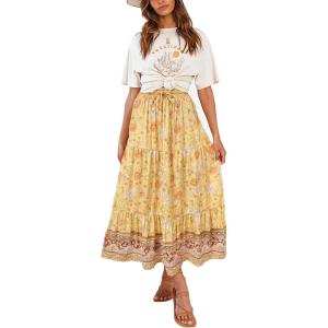 imageZESICA Womens 2025 Summer Bohemian Floral Printed Elastic Waist A Line Maxi Skirt with PocketsYellow