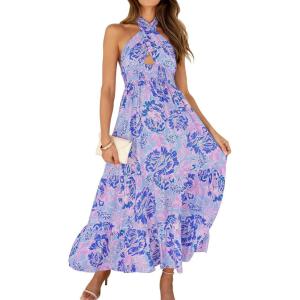 imageZESICA Womens 2025 Summer Crossover Halter Neck Sleeveless Plaid Cut Out Backless Flowy A Line Maxi DressBluishviolet