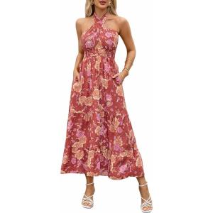 imageZESICA Womens 2025 Summer Crossover Halter Neck Sleeveless Plaid Cut Out Backless Flowy A Line Maxi DressBurntbrick