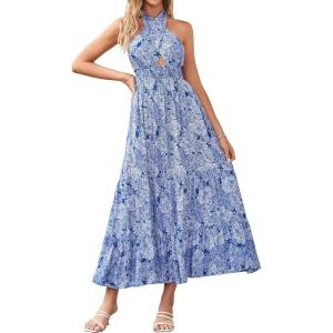 imageZESICA Womens 2025 Summer Crossover Halter Neck Sleeveless Plaid Cut Out Backless Flowy A Line Maxi DressDarkblue