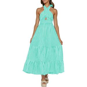 imageZESICA Womens 2025 Summer Crossover Halter Neck Sleeveless Plaid Cut Out Backless Flowy A Line Maxi DressGreen