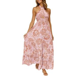 imageZESICA Womens 2025 Summer Crossover Halter Neck Sleeveless Plaid Cut Out Backless Flowy A Line Maxi DressLightbrown