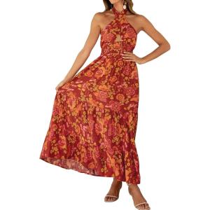 imageZESICA Womens 2025 Summer Crossover Halter Neck Sleeveless Plaid Cut Out Backless Flowy A Line Maxi DressOrangerust