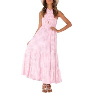 imageZESICA Womens 2025 Summer Crossover Halter Neck Sleeveless Plaid Cut Out Backless Flowy A Line Maxi DressPink