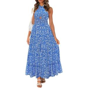 imageZESICA Womens 2025 Summer Crossover Halter Neck Sleeveless Plaid Cut Out Backless Flowy A Line Maxi DressSkyblue
